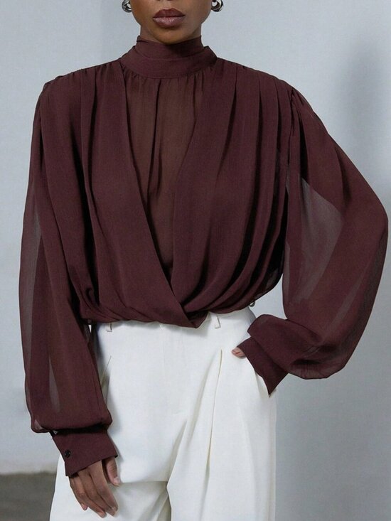 Tops - Rusty Rose Elegant Women's Tie Neck Detail Mock Neck Blouse